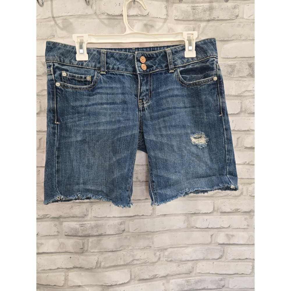 American Aagle artist stretch low rise midi dark wash denim shorts size 4 vtg